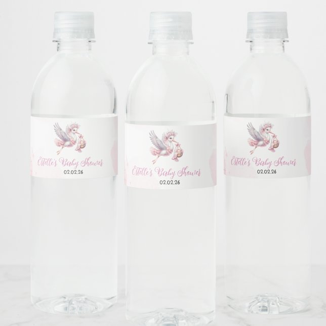 Pink Stork Cloud Baby Shower Water Bottle Label (Creator Uploaded)