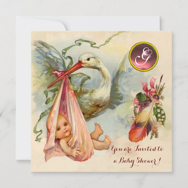 PINK STORK GIRL BABY SHOWER,GEMSTONE MONOGRAM INVITATION (Front)