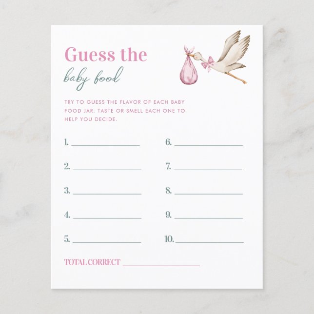 Pink Stork Guess the Baby Food Baby Shower Game  (Front)