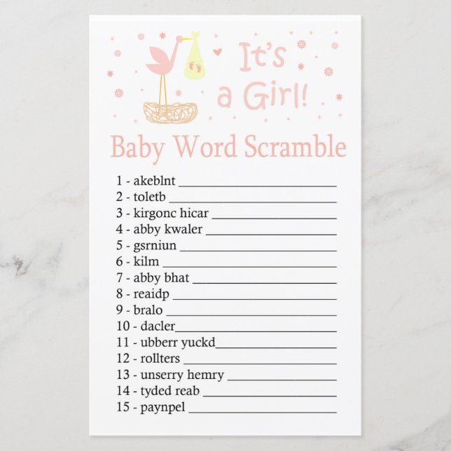 Pink Stork nest Baby word scramble game (Front)
