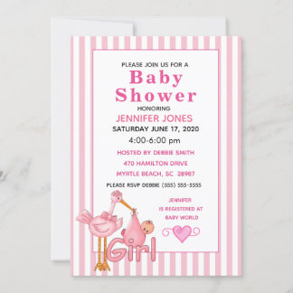 Pink Stork With Baby Bundle Baby Shower Invitation
