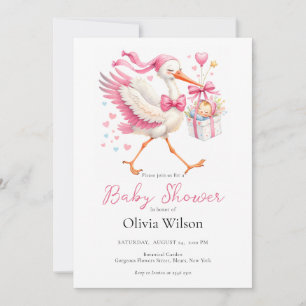 Pink Stork With Baby Invitation