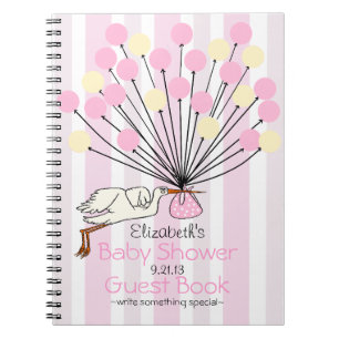 Pink Stork With Balloons Baby Shower Guest Book- Spiral Notebook