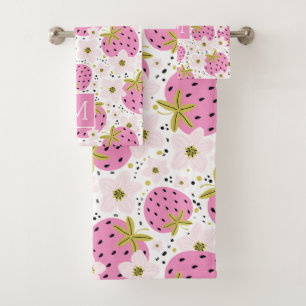 Pink Strawberries Custom Monogram Bath Towel Set