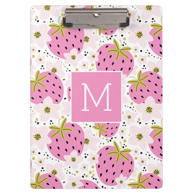 Pink Strawberries Custom Monogram Clipboard (Front)