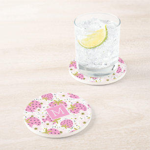 Pink Strawberries Custom Monogram Coaster
