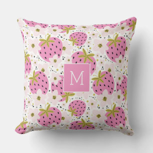 Pink Strawberries Custom Monogram Cushion