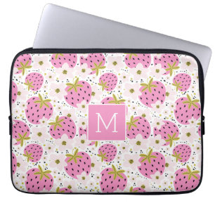 Pink Strawberries Custom Monogram Laptop Sleeve