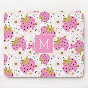 Pink Strawberries Custom Monogram Mouse Pad