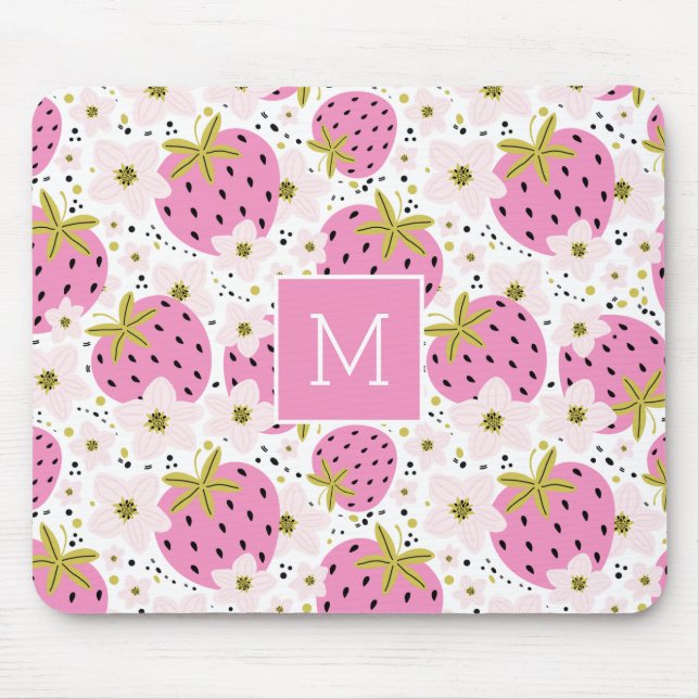 Pink Strawberries Custom Monogram Mouse Pad (Front)