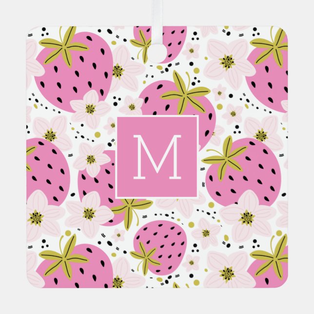 Pink Strawberries Custom Monogram Ornaments (Front)