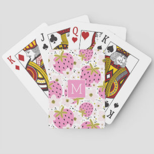 Pink Strawberries Custom Monogram Playing Cards