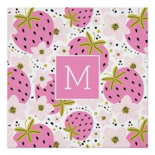 Pink Strawberries Custom Monogram Poster