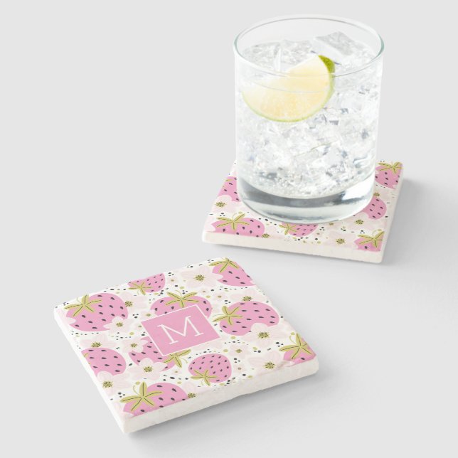 Pink Strawberries Custom Monogram Stone Coaster (Side)