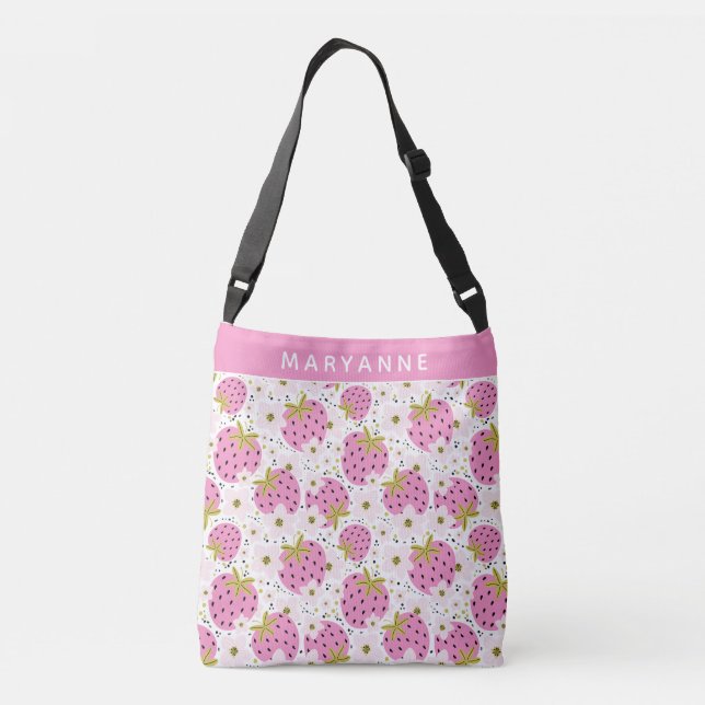 Pink Strawberries Custom Name Crossbody Bag (Back)