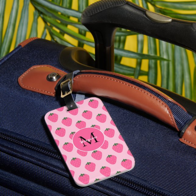 Pink Strawberries, cute customised Luggage Tag (Front Insitu 1)