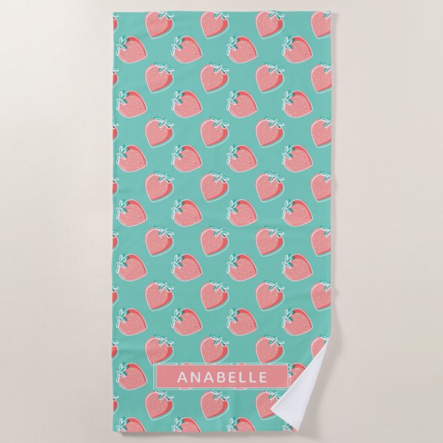 Pink Strawberries Cute Summer Pattern Beach Towel (Front)