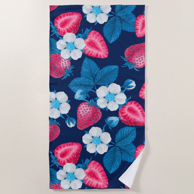 Pink strawberries on blue beach towel (Front)