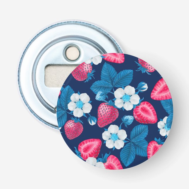 Pink strawberries on blue bottle opener (Front)
