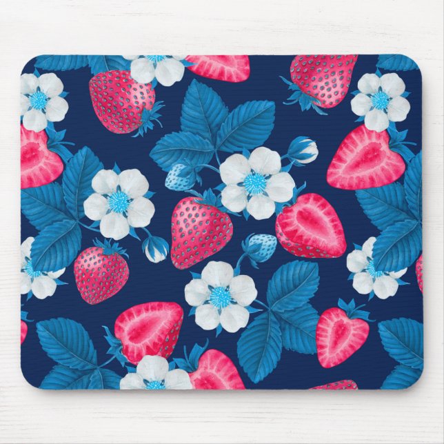 Pink strawberries on blue mouse pad (Front)