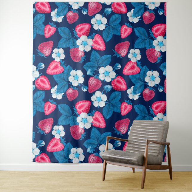 Pink strawberries on blue tapestry (In Situ)