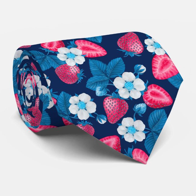 Pink strawberries on blue tie (Rolled)