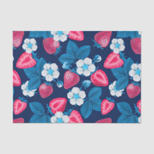 Pink strawberries on blue tissue paper