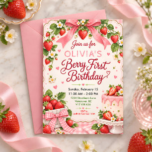 Pink Strawberry 1st Birthday Girl Party Invitation