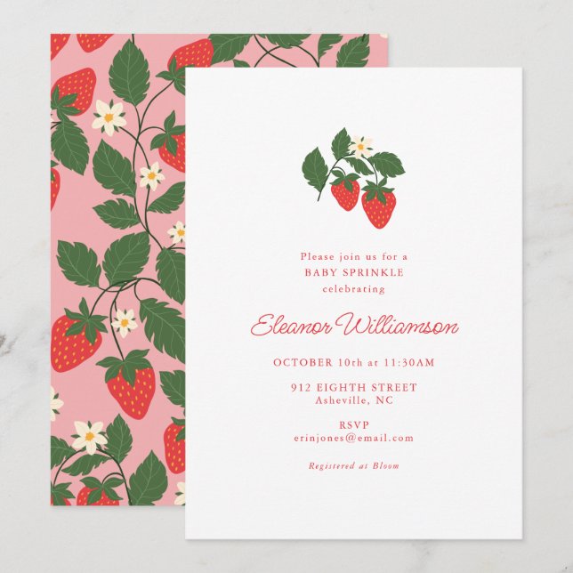 Pink Strawberry Baby Shower Sprinkle Botanical Invitation (Front/Back)