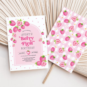 Pink Strawberry Berry First 1st Birthday Invitation