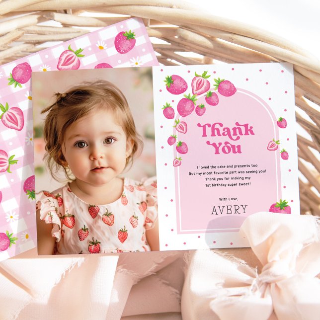 Pink Strawberry Berry First 1st Birthday Photo Thank You Card (Creator Uploaded)
