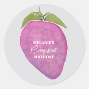 Pink strawberry Berry First Birthday  Classic Round Sticker