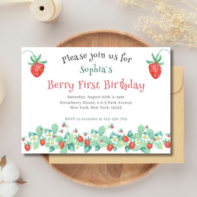 Pink Strawberry Berry First Birthday Invitation (Berry First Birthday Party Invitation. Pink Strawberries.)