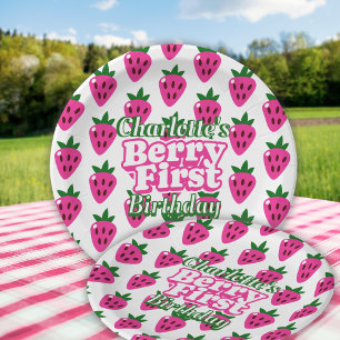 Pink Strawberry Berry First Birthday Paper Napkin Plate