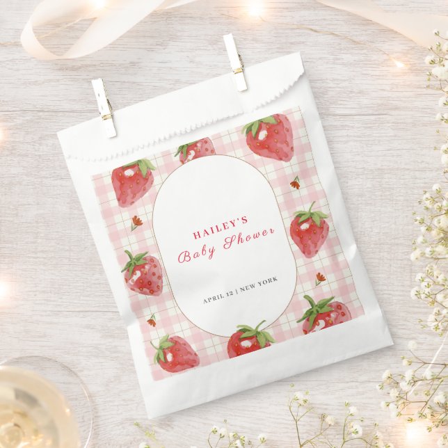 Pink Strawberry Berry  Sweet Gingham Baby Shower Favour Bags (Clipped)