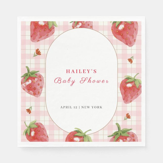 Pink Strawberry Berry  Sweet Gingham Baby Shower Napkin (Front)