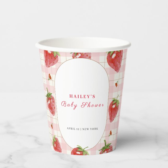 Pink Strawberry Berry  Sweet Gingham Baby Shower Paper Cups (Front)