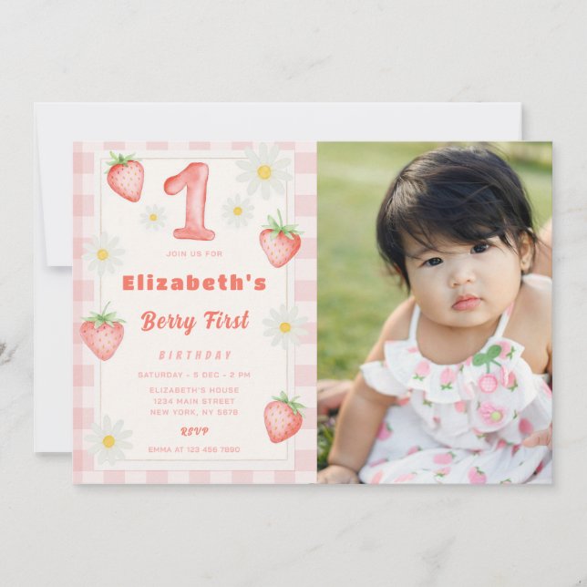 Pink Strawberry Birthday Invitation With Photo (Front)