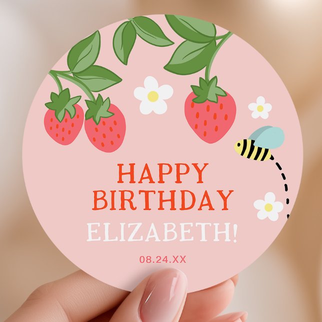 Pink Strawberry Birthday Party Favour Thank you Classic Round Sticker (Creator Uploaded)