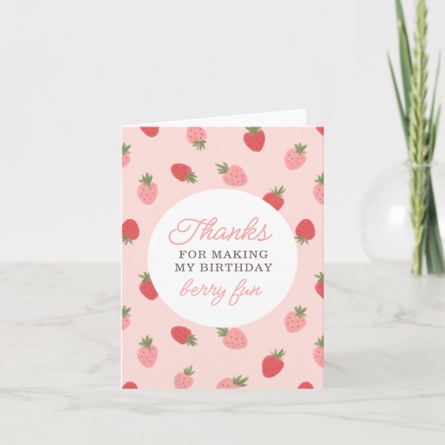 Pink Strawberry Birthday Party Thank You Card (Front)