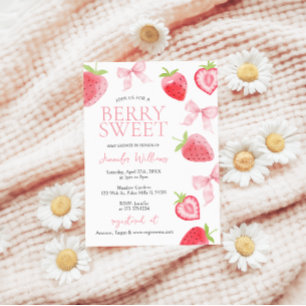 Pink Strawberry Bow Berry Sweet Baby Girl Shower Invitation