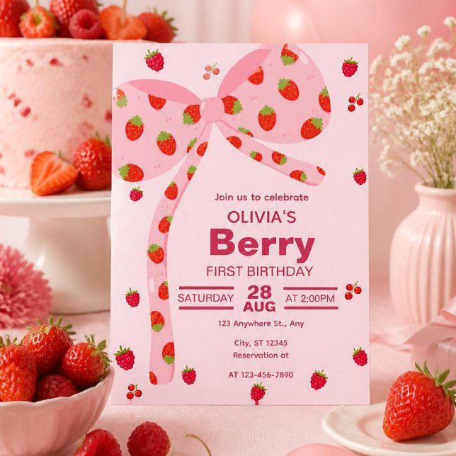 Pink Strawberry Bow First Birthday Invitation (Creator Uploaded)