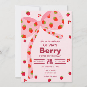 Pink Strawberry Bow First Birthday Invitation