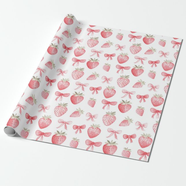 Pink Strawberry Bow Wrapping Paper Coquette (Unrolled)