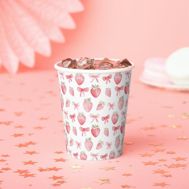 Pink Strawberry Bow Wrapping Paper Coquette Cups (Insitu)