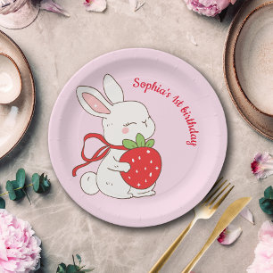 Pink Strawberry Bunny Birthday Paper Plate
