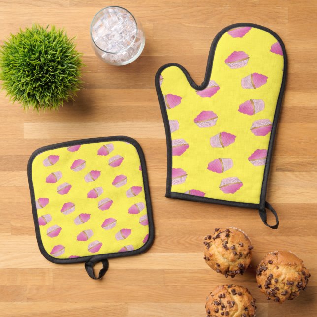 Pink strawberry cupcakes on yellow oven mitt & pot holder set (Top Down)