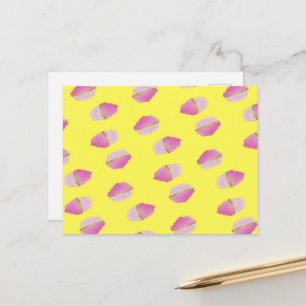 Pink strawberry cupcakes on yellow postcard