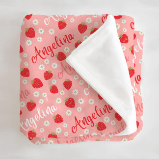 Pink Strawberry Custom Name Girls Fleece Blanket