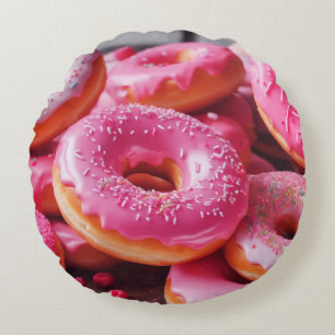 Pink Strawberry Doughnuts Round Cushion